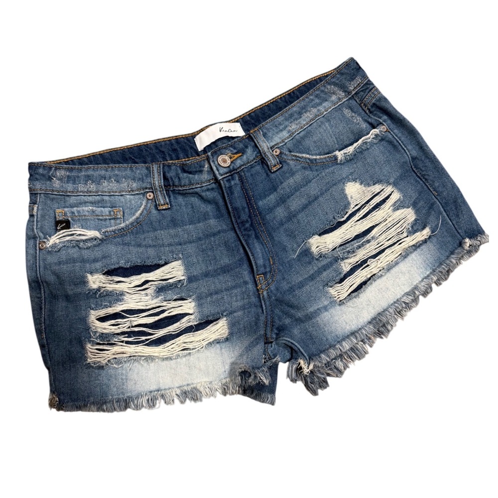 KanCan Distressed Medium Wash Denim Festival Shorts Frayed Hem Womens 11/29